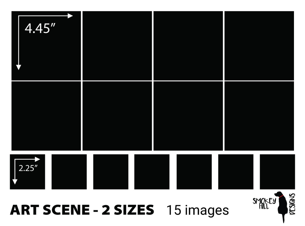 Art scene size template: 2 Sizes, 15 images of 4.45 in and 2.25 in on one sheet