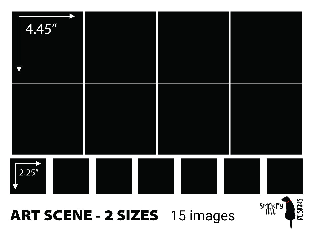 Art scene size template: 2 Sizes, 15 images of 4.45 in and 2.25 in on one sheet