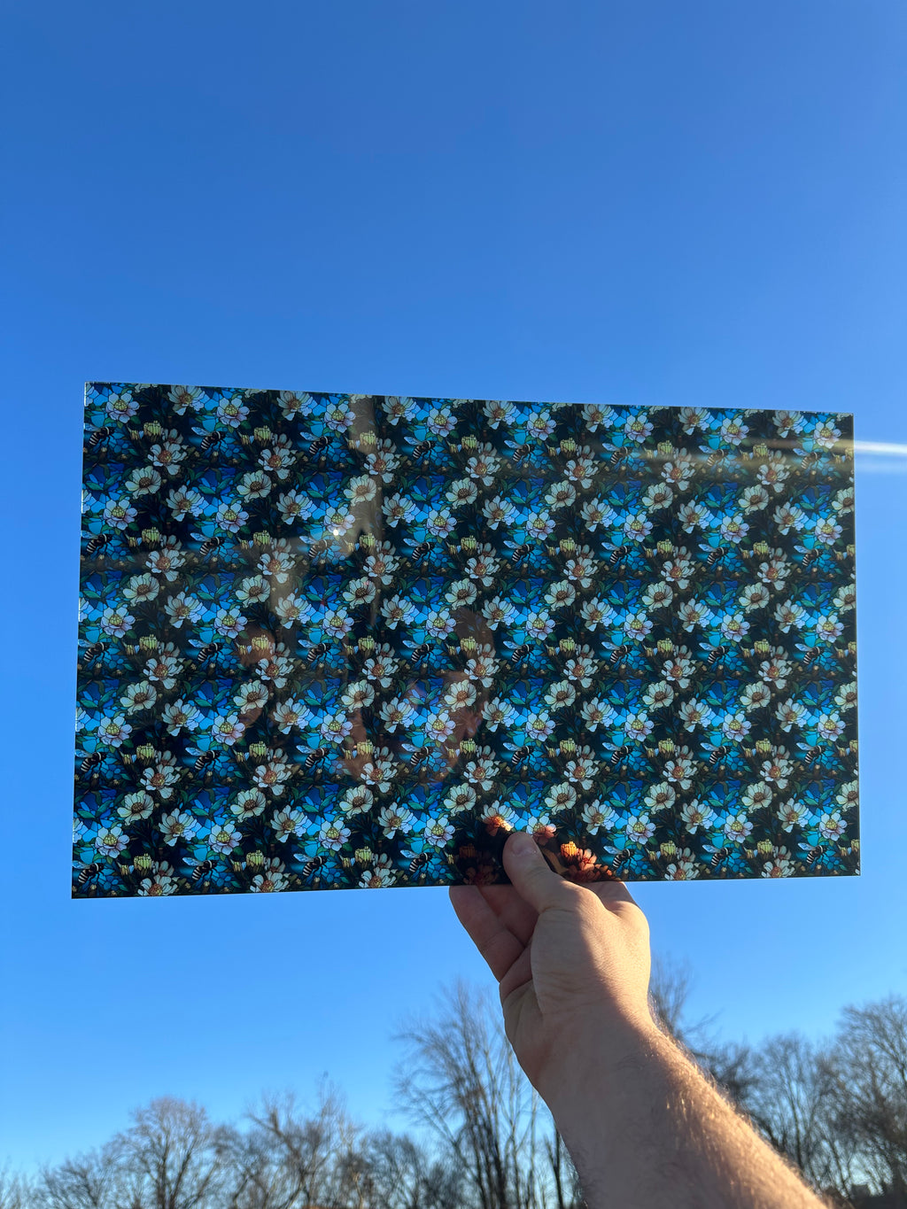 PatternPly® Transparent Stained Glass Bees and Flowers sheet showing the pattern