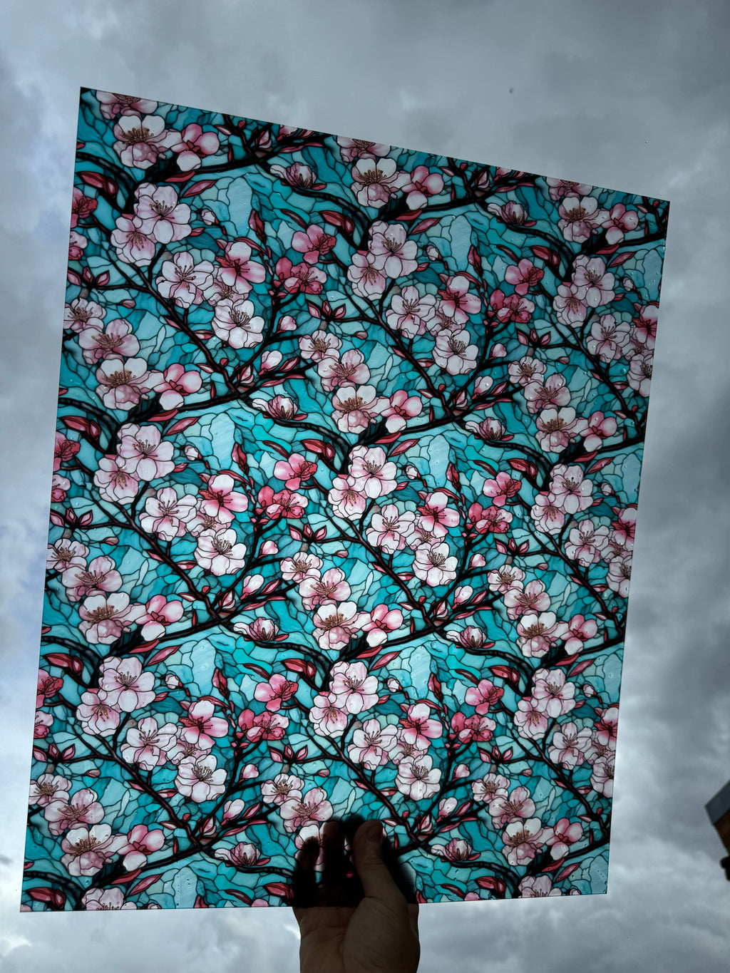 PatternPly® 19x24" Transparent Cherry Blossoms Stained Glass XL Scale sheet showing the pattern