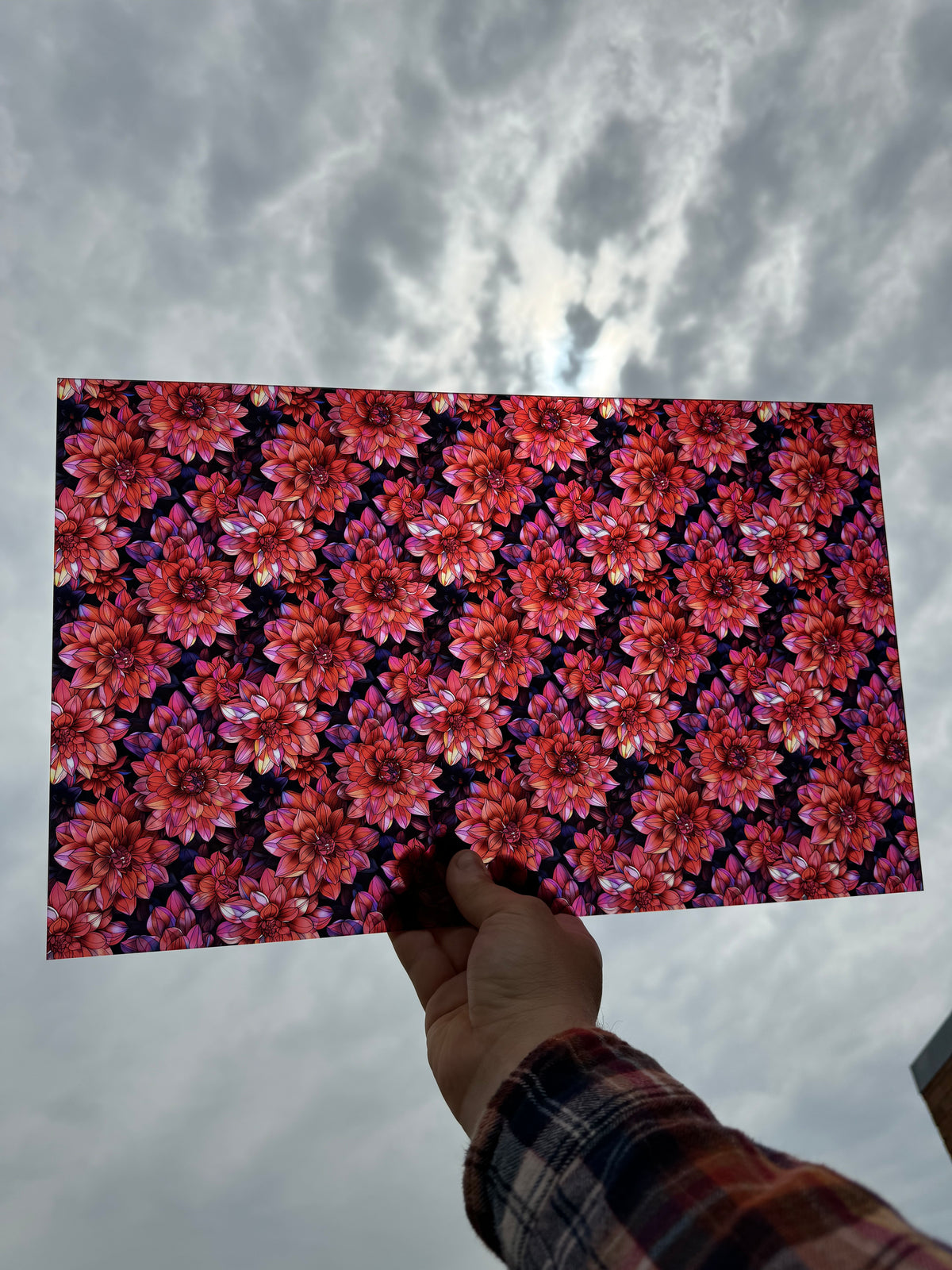 PatternPly® Transparent Dark Dahlias sheet showing the pattern