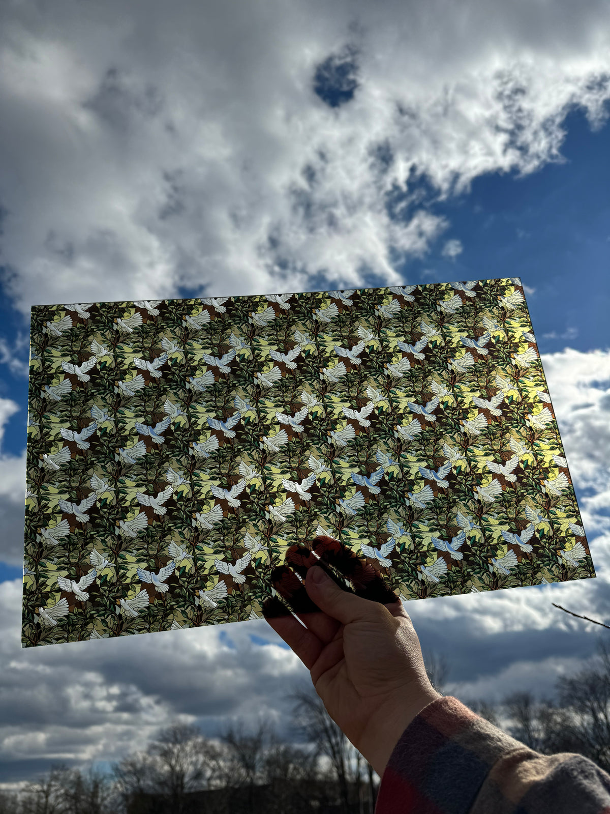 PatternPly® Transparent Stained Glass Doves sheet showing the pattern