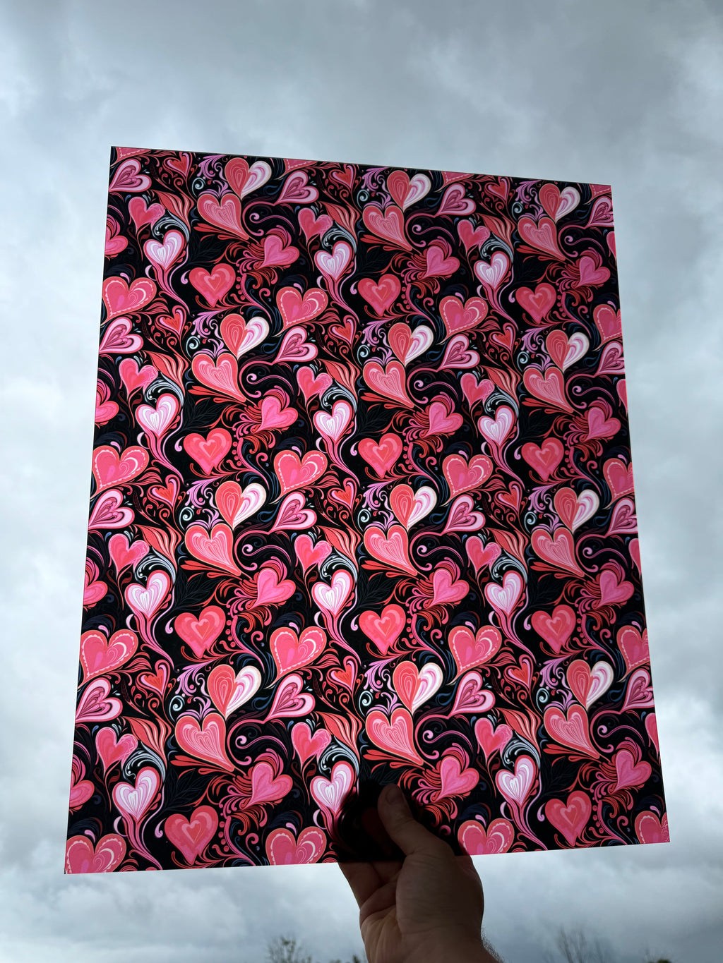 PatternPly® 19x24" Transparent Black and Red Hearts XL Scale sheet showing the pattern