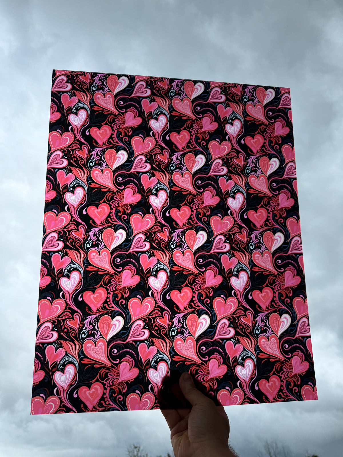 PatternPly® 19x24" Transparent Black and Red Hearts XL Scale sheet showing the pattern