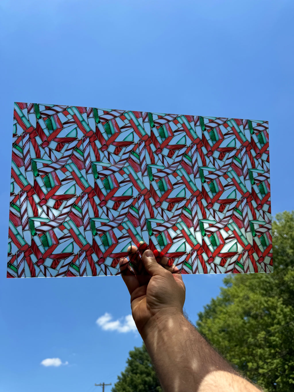 PatternPly® Transparent Stained Glass Red, White, and Green Candy Cane sheet showing the pattern