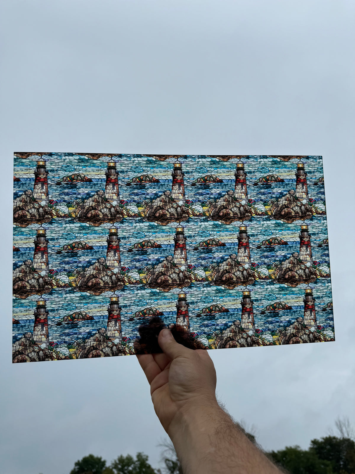 PatternPly® Transparent Rocky Lighthouse Stained Glass sheet showing the pattern