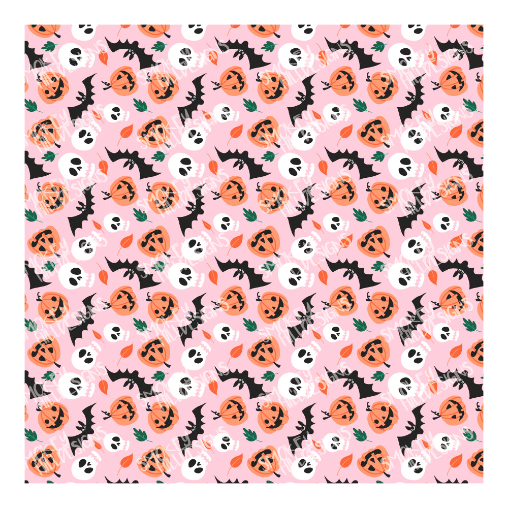 PatternPly® Full Coverage Bats, Skulls, and Jack o' Lanterns on Pink Background VERTICAL sheet showing the pattern