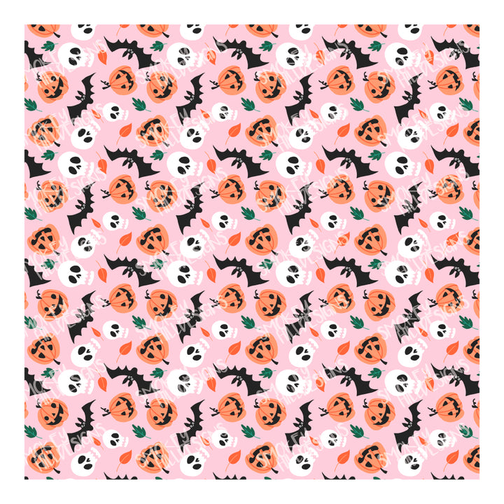PatternPly® Full Coverage Bats, Skulls, and Jack o' Lanterns on Pink Background VERTICAL