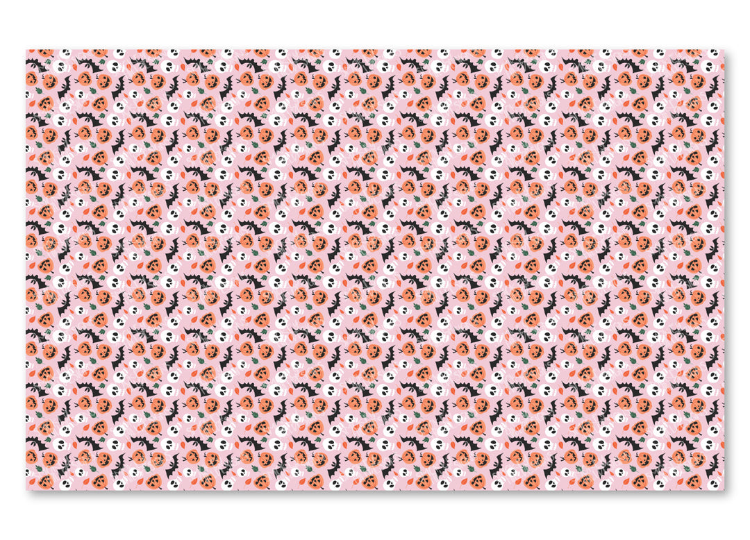 PatternPly® Full Coverage Bats, Skulls, and Jack o' Lanterns on Pink Background VERTICAL