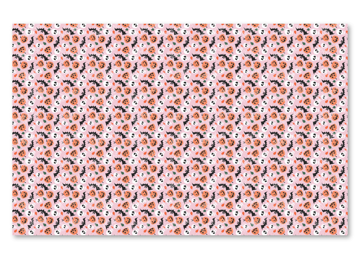 PatternPly® Full Coverage Bats, Skulls, and Jack o' Lanterns on Pink Background VERTICAL product photo 2
