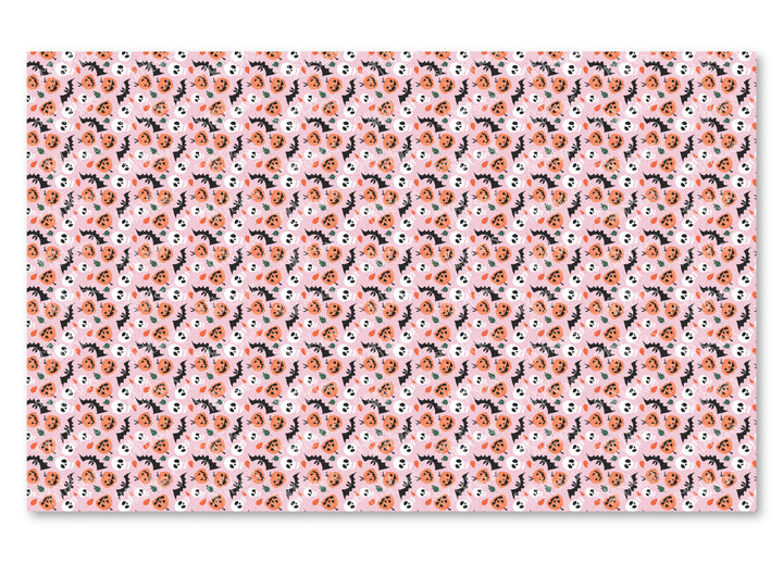 PatternPly® Full Coverage Bats, Skulls, and Jack o' Lanterns on Pink Background VERTICAL