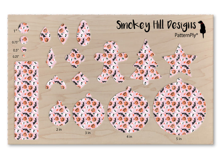 PatternPly® Full Coverage Bats, Skulls, and Jack o' Lanterns on Pink Background VERTICAL