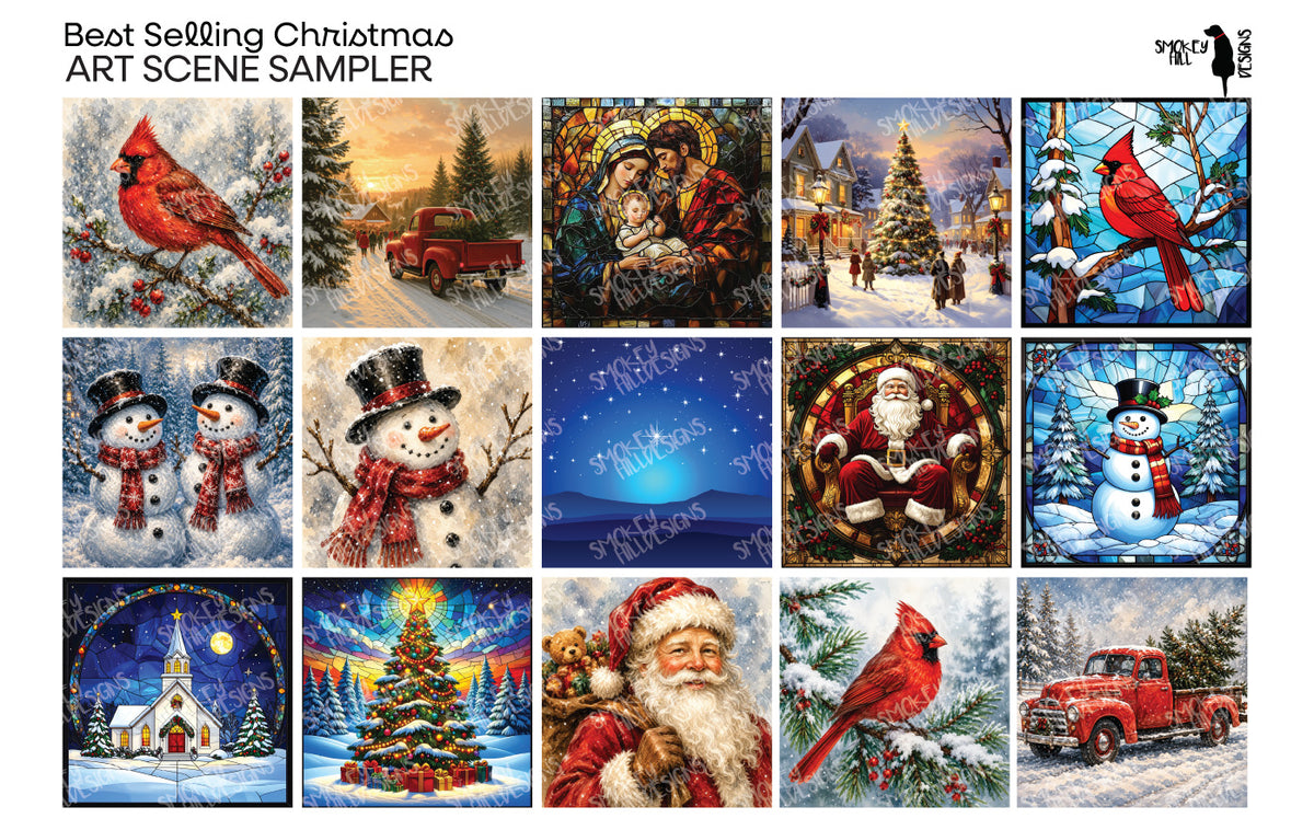 PatternPly® Full Coverage Christmas Bestsellers Sampler: sampler sheet of small art scene designs