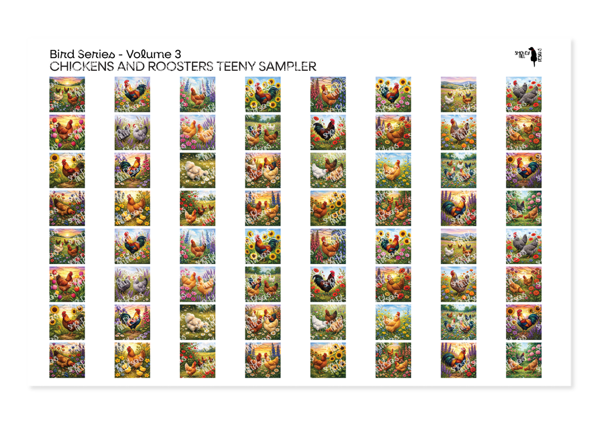 PatternPly® Full Coverage Birds Series Volume 3 Chickens and Roosters Teeny Sampler: sampler sheet of small art scene…