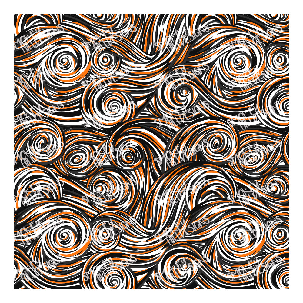 PatternPly® Scattered Black and Orange Swirls sheet showing the pattern