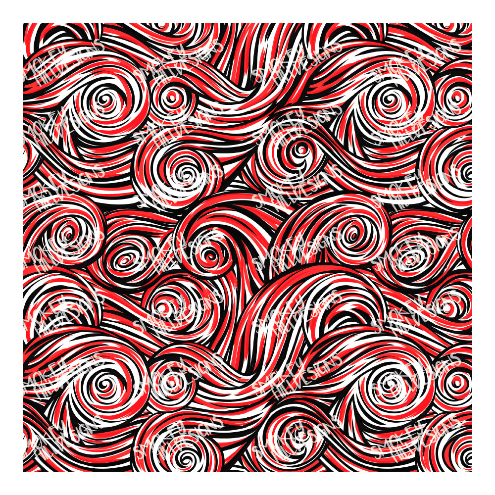 PatternPly® Transparent Black and Red Swirls sheet showing the pattern