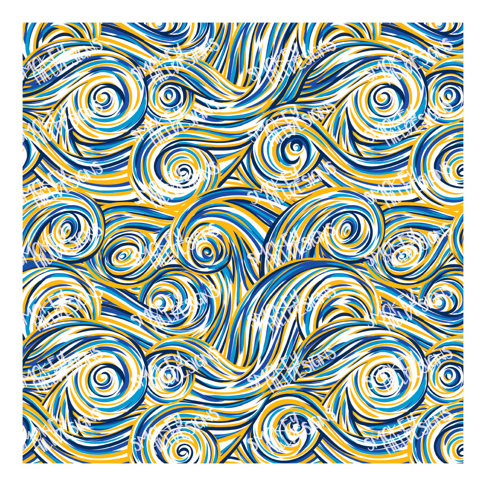 PatternPly® Scattered Blue and Gold Swirls sheet showing the pattern