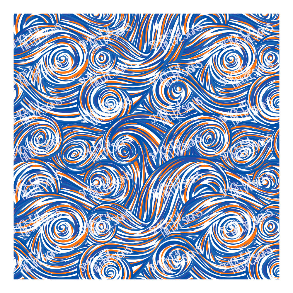 PatternPly® Transparent Blue and Orange Swirls sheet showing the pattern
