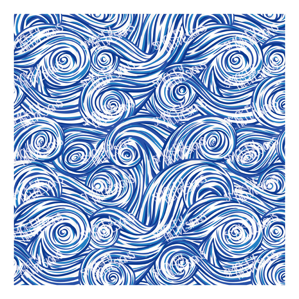 PatternPly® Scattered Blue and White Swirls sheet showing the pattern