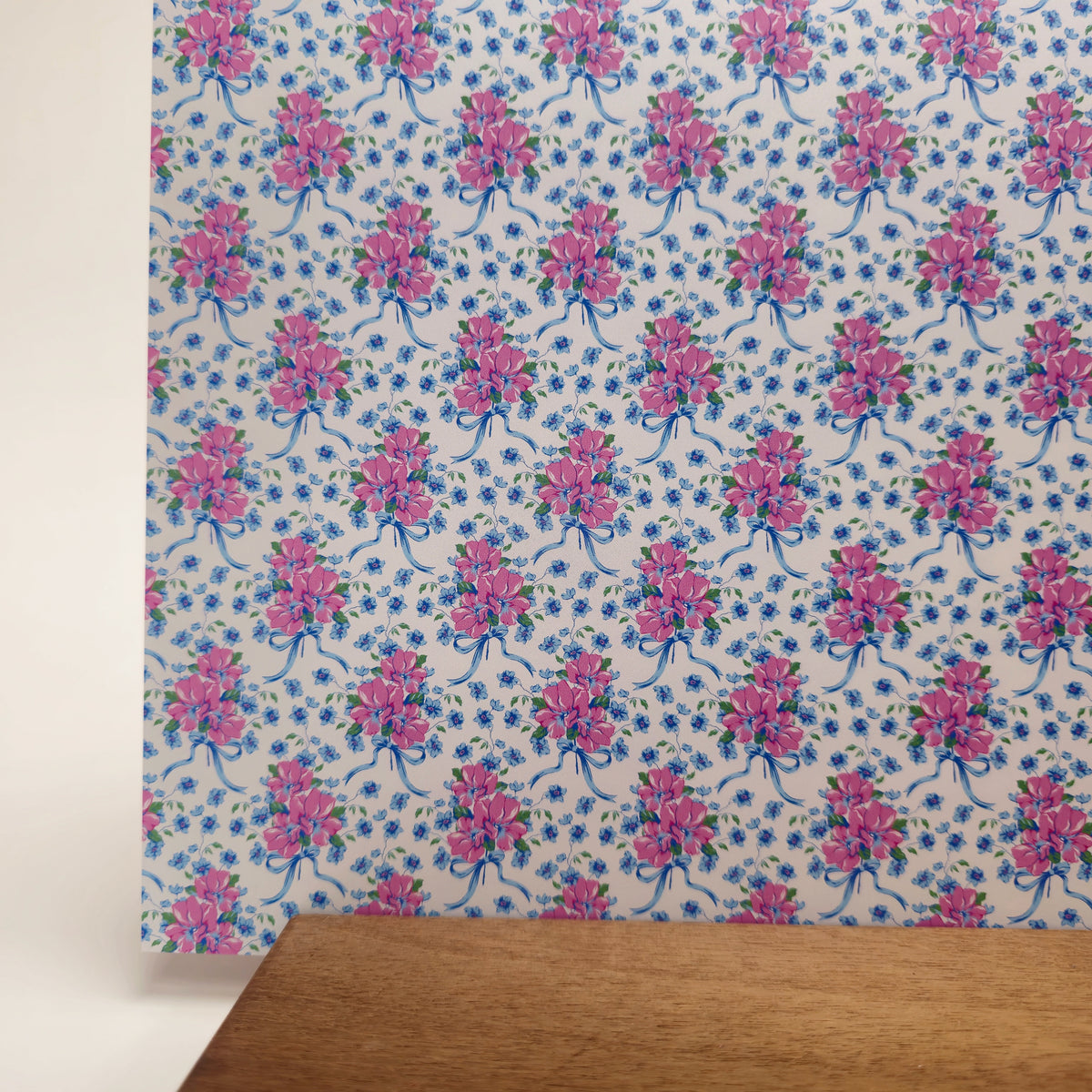 PatternPly® Full Coverage Coquette Floral Bouquet Blue Bows sheet showing the pattern