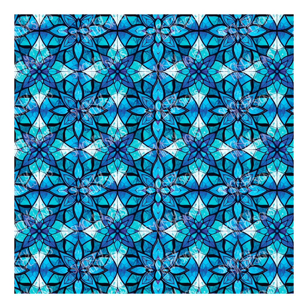 PatternPly® Full Coverage Blue Mosaic Stained Glass Flowers sheet showing the pattern
