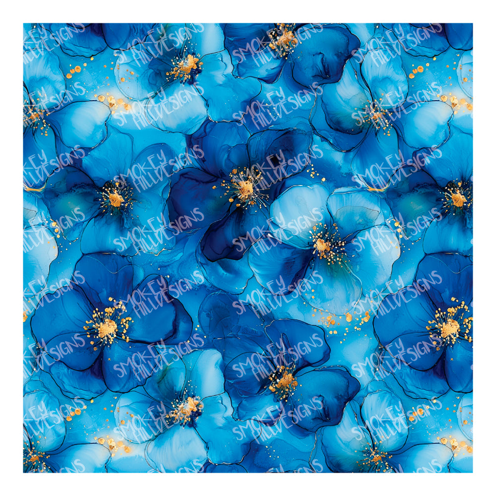 PatternPly® Transparent Blue and Gold Floral sheet showing the pattern