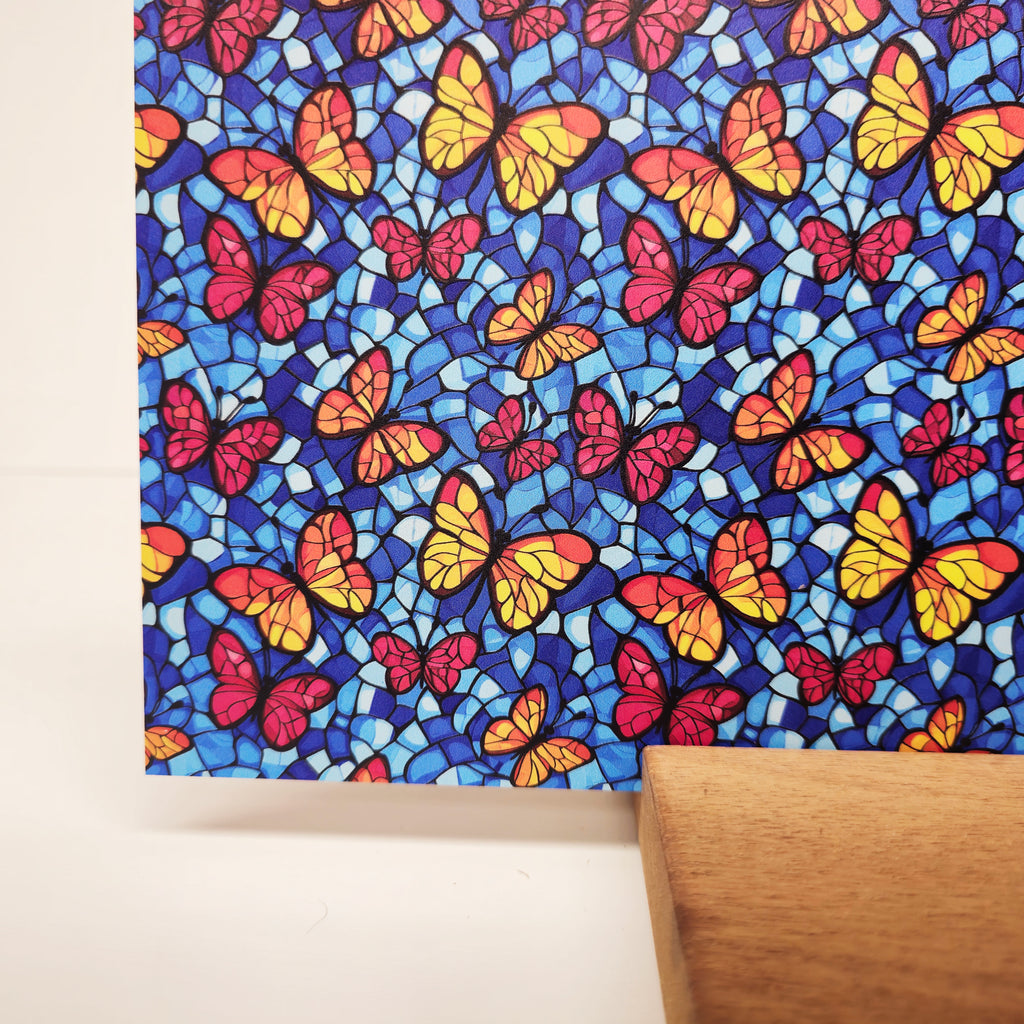 PatternPly® Full Coverage Butterfly Sky Stained Glass sheet showing the pattern