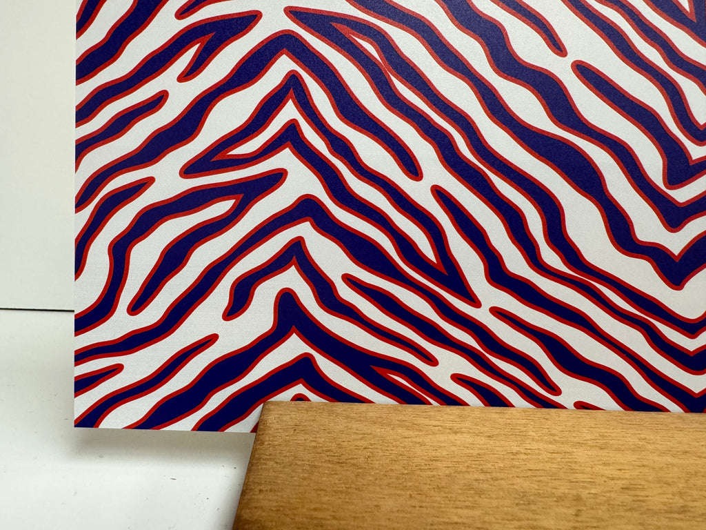 PatternPly® Full Coverage Mini Red White Blue Zebra sheet showing the pattern