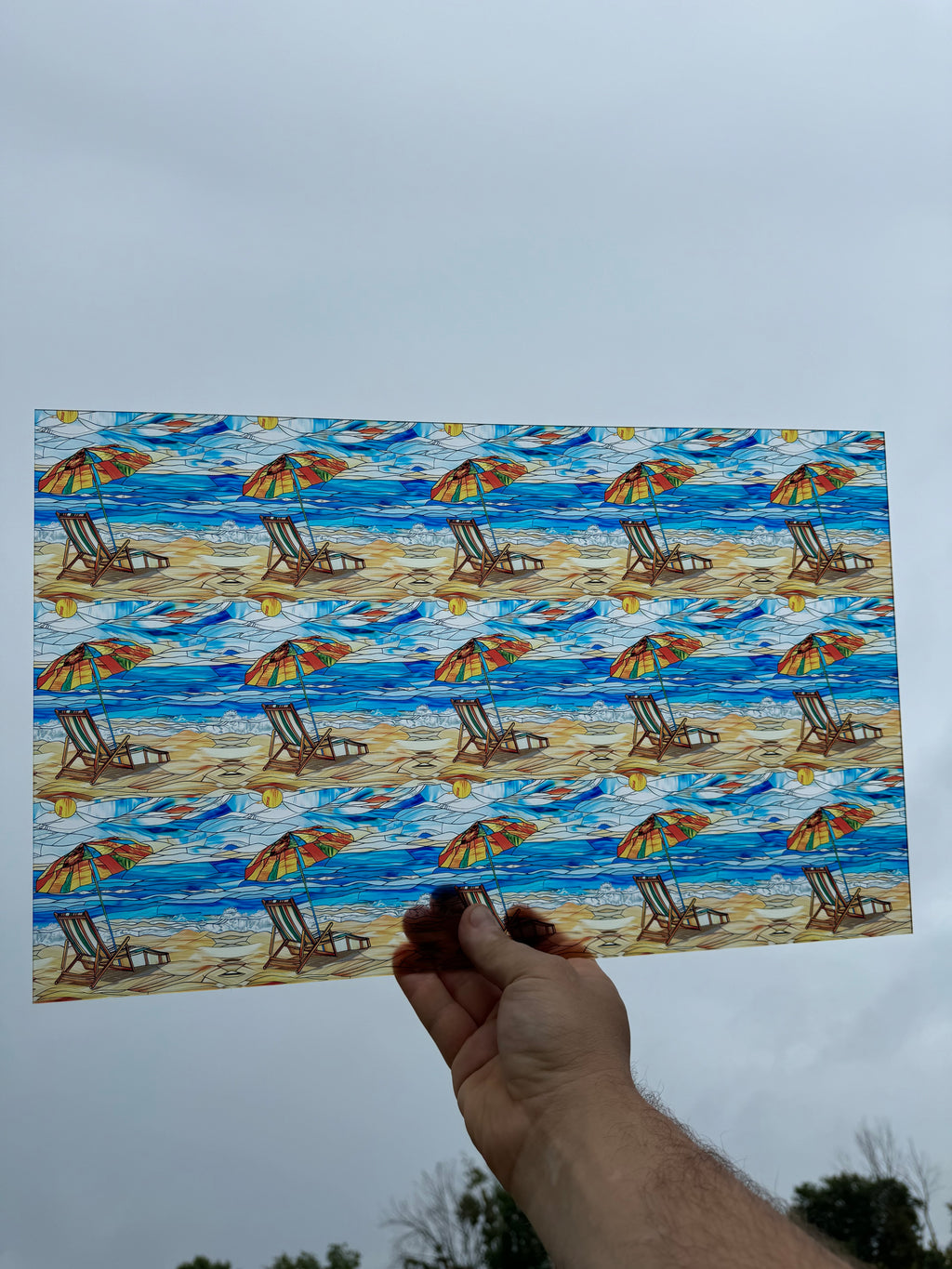 PatternPly® Transparent Stained Glass Beach Chair sheet showing the pattern