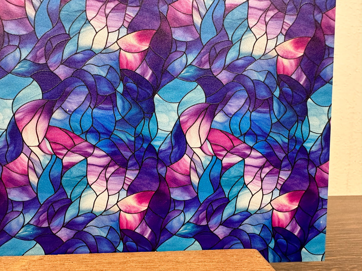 PatternPly® Full Coverage Blue and Purple Stained Glass sheet showing the pattern
