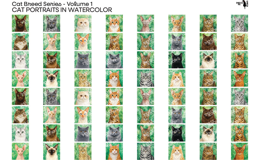 PatternPly® Full Coverage Cat Breed Series Volume 1 Cat Portraits in Watercolor Teeny Sampler