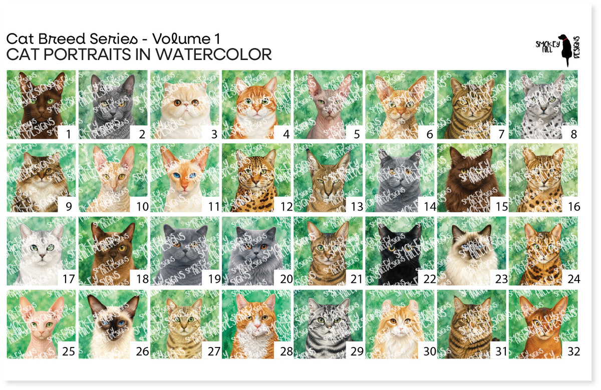 PatternPly® Full Coverage Cat Breed Series Volume 1 Cat Portraits in Watercolor Sampler: sampler sheet of small art…