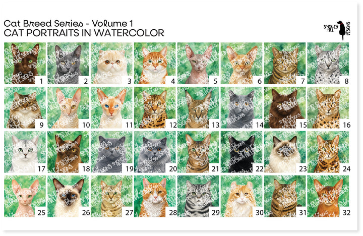 PatternPly® Transparent Cat Breed Series Volume 1 Cat Portraits in Watercolor Sampler