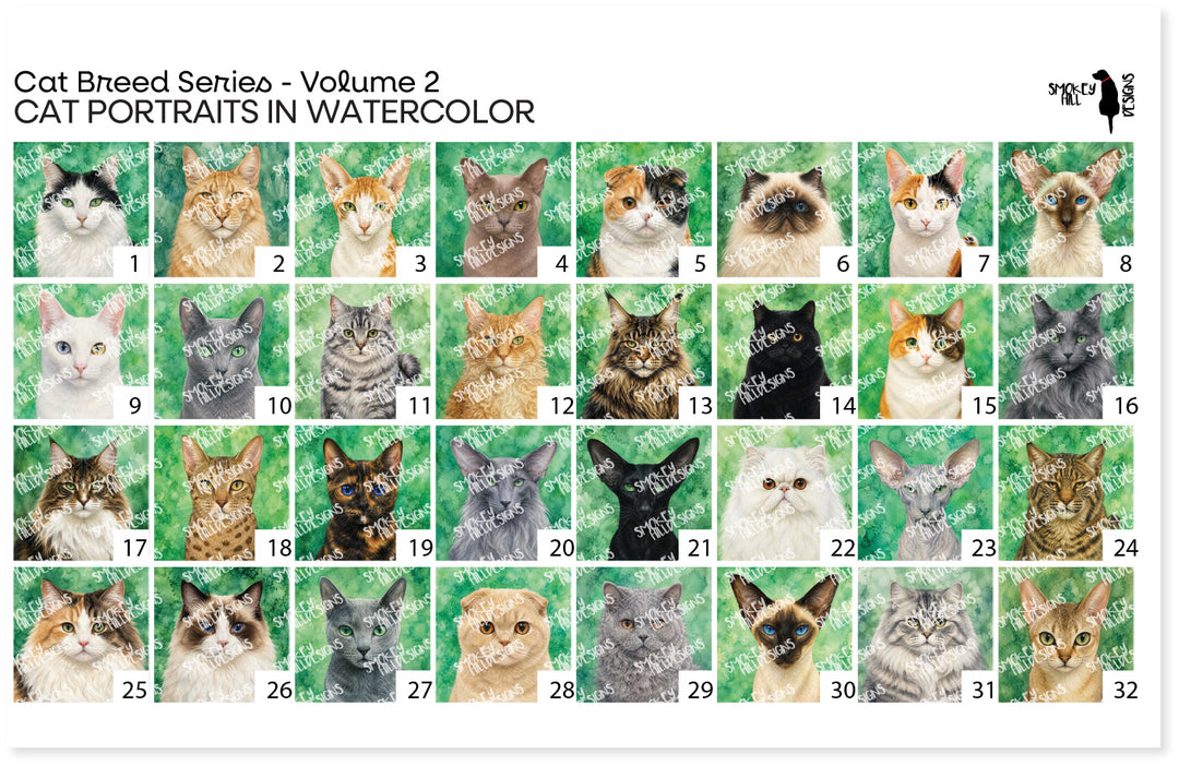 PatternPly® Transparent Cat Breed Series Volume 2 Cat Portraits in Watercolor Sampler