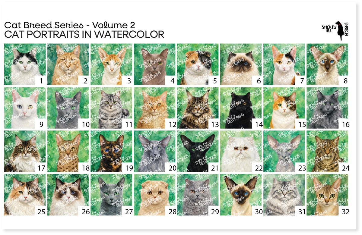 PatternPly® Full Coverage Cat Breed Series Volume 2 Cat Portraits in Watercolor Sampler: sampler sheet of small art…