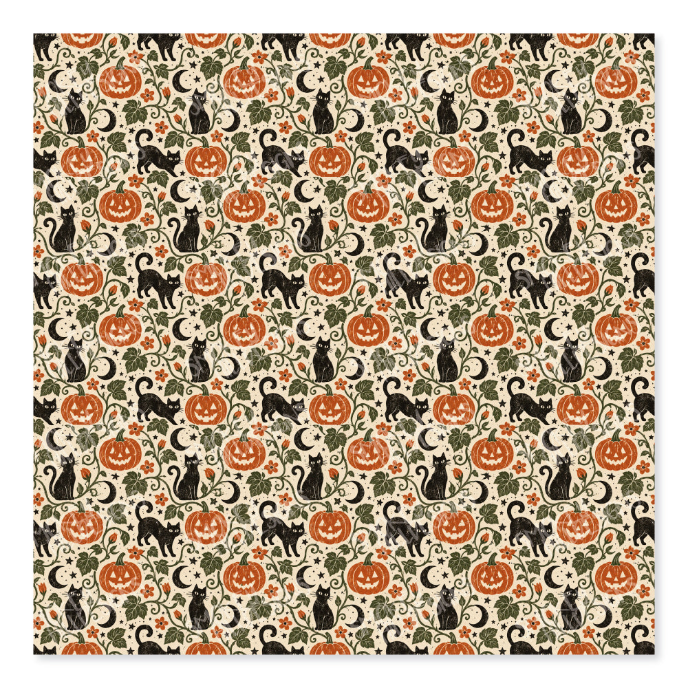 PatternPly® Full Coverage Cats and Pumpkin Vines sheet showing the pattern