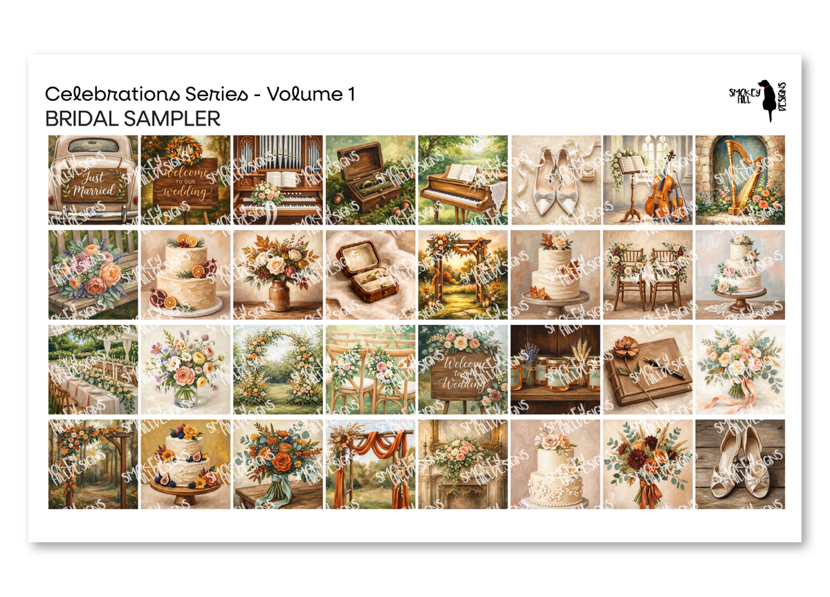 PatternPly® Full Coverage Celebrations Volume 1 Bridal Sampler: sampler sheet of small art scene designs
