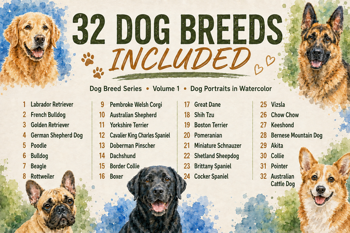 PatternPly® Transparent Dog Breed Series Volume 1 Dog Portraits in Watercolor Sampler