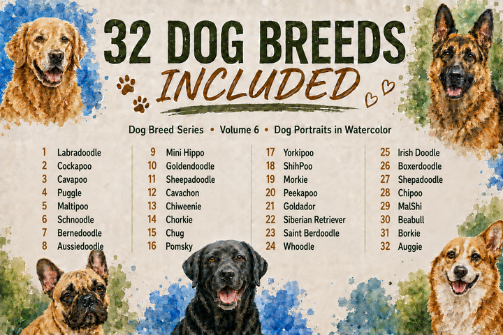PatternPly® Full Coverage Dog Breed Series Volume 6 Dog Portraits in Watercolor Sampler