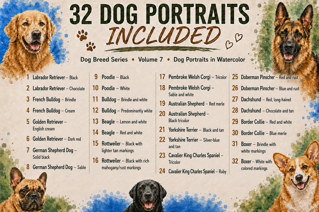 PatternPly® Full Coverage Dog Breed Series Volume 7 Dog Portraits in Watercolor Sampler