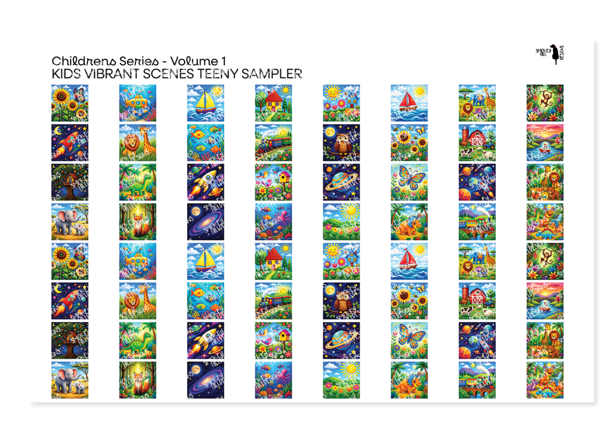 PatternPly® Full Coverage Childrens Series Volume 1 Vibrant Kids Scenes Teeny Sampler: sampler sheet of small art scene…