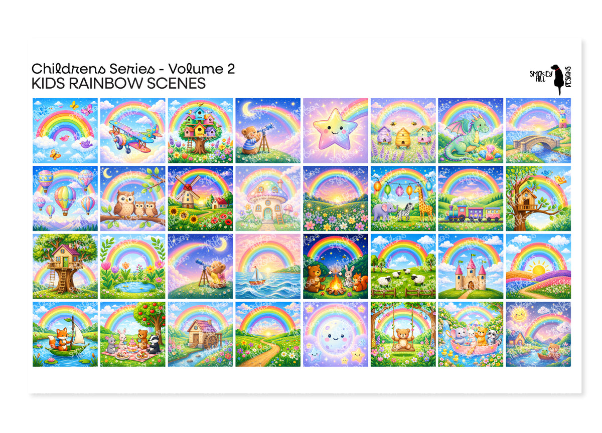 PatternPly® Transparent Childrens Series Volume 2 Kids Rainbow Scenes Sampler: sampler sheet of small art scene designs