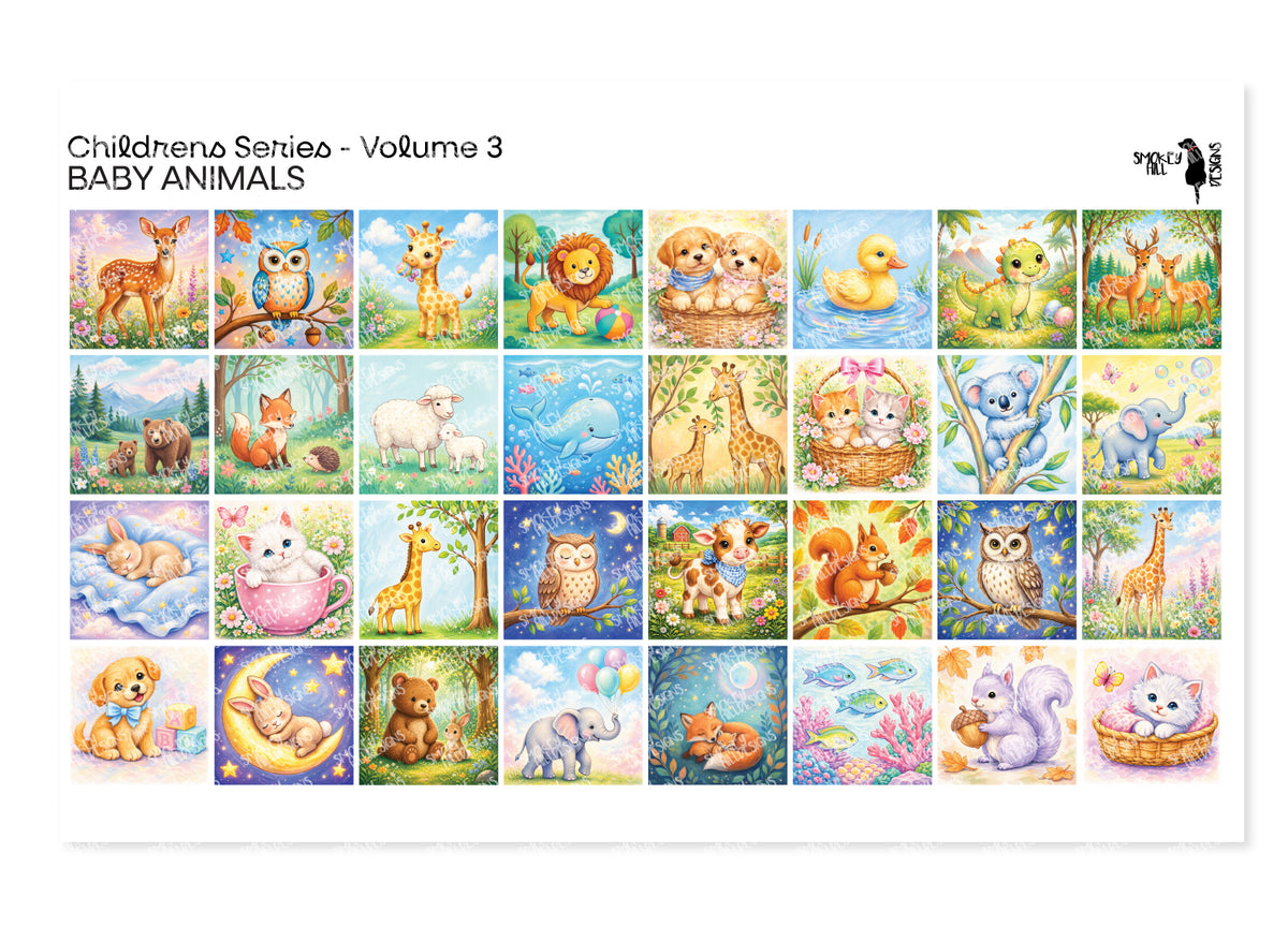 PatternPly® Full Coverage Children's Series Volume 3 Kids Baby Animals Sampler: sampler sheet of small art scene designs
