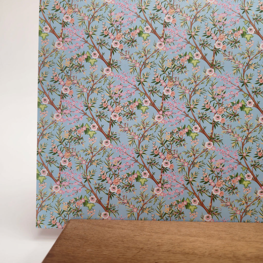 PatternPly® Full Coverage Chinoiserie Floral Branches Blue sheet showing the pattern