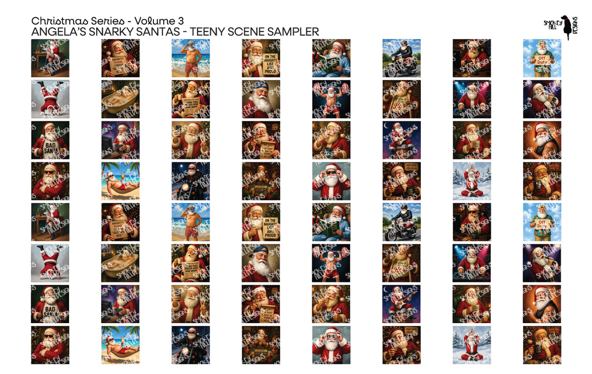 PatternPly® Full Coverage Christmas Series Volume 3 Angela's Snarky Santas Teeny Sampler: sampler sheet of small art…