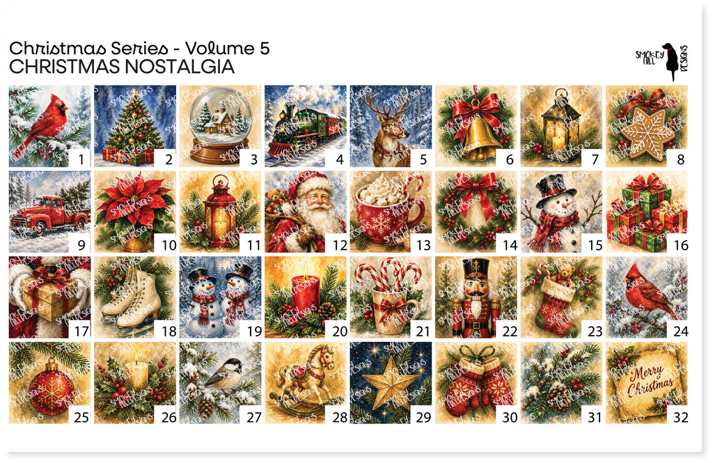 PatternPly® Full Coverage Christmas Series Volume 5 Christmas Nostalgia Sampler: sampler sheet of small art scene designs