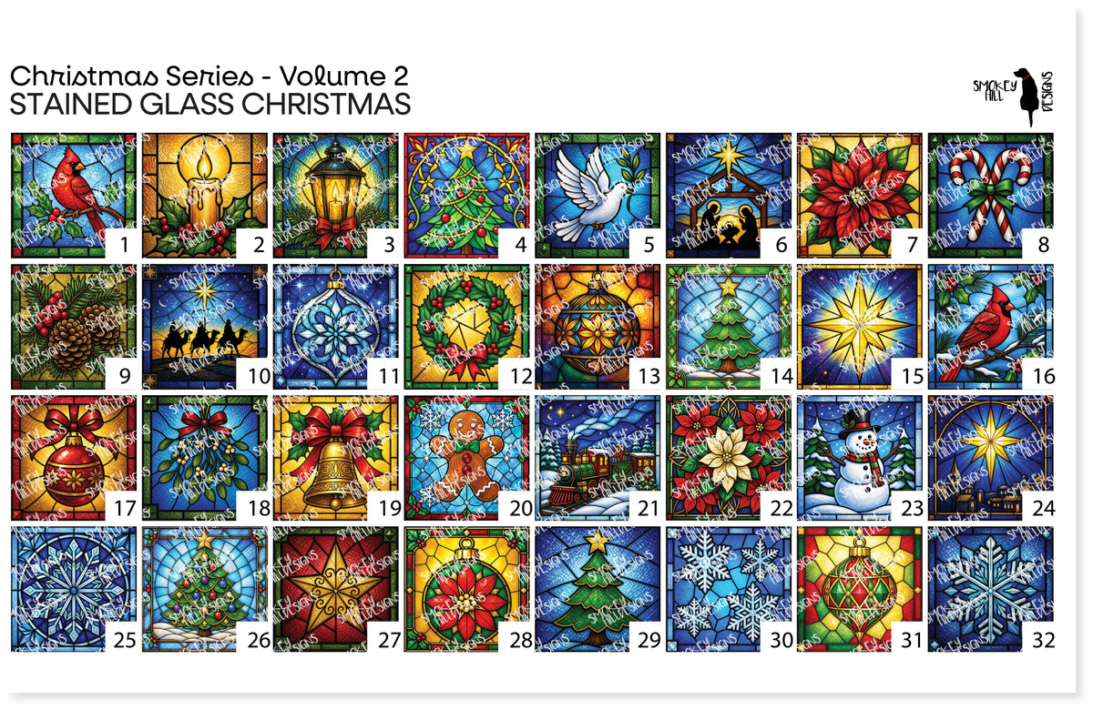 PatternPly® Full Coverage Christmas Series Volume 2 Stained Glass Christmas Sampler: sampler sheet of small art scene…
