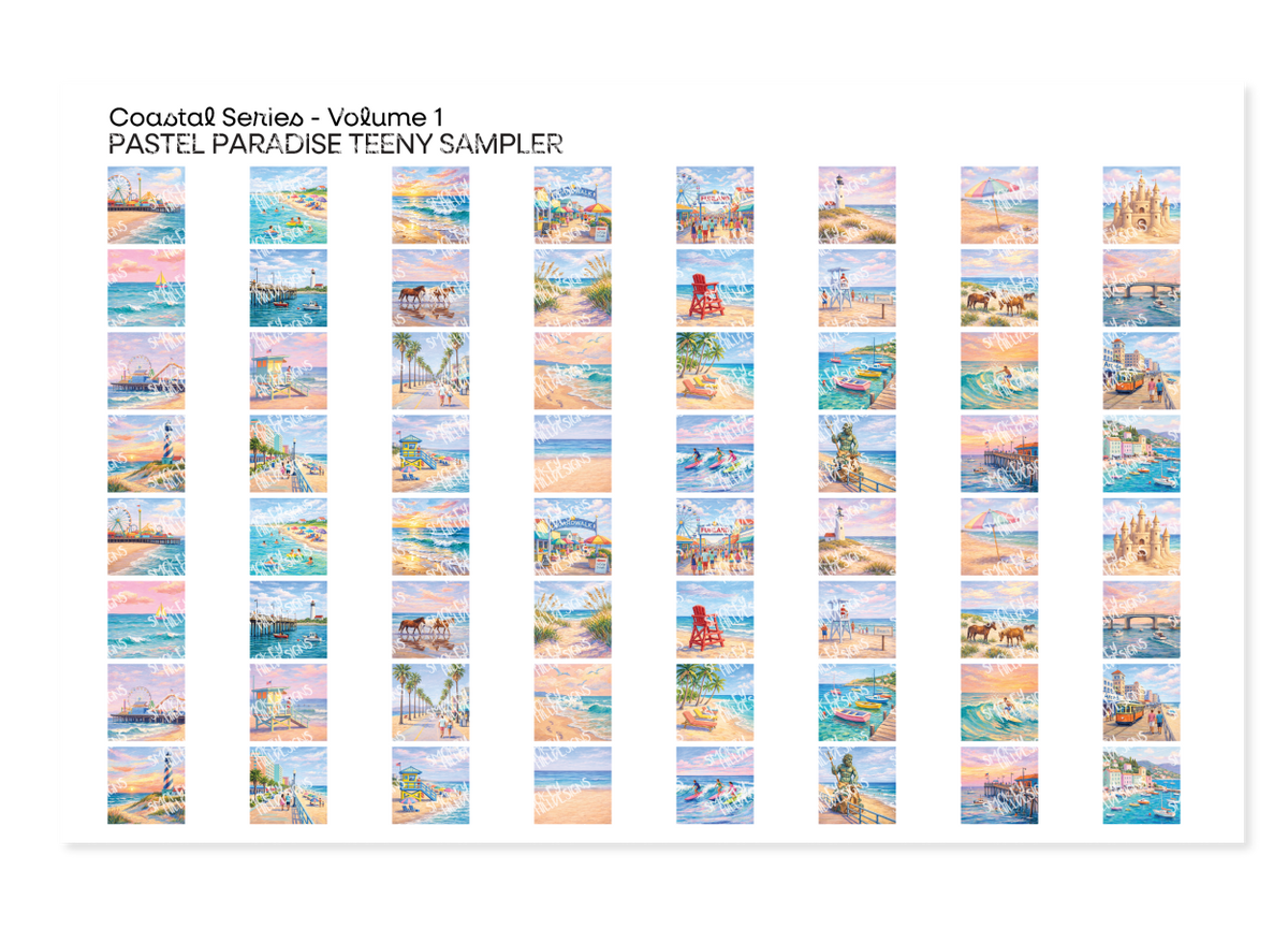 PatternPly® Transparent Coastal Series Volume 1 Pastel Paradise Teeny Sampler: sampler sheet of small art scene designs