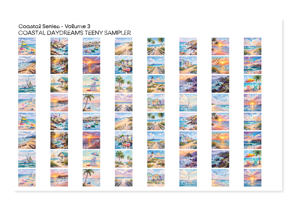 PatternPly® Full Coverage Coastal Series Volume 3 Coastal Daydreams Teeny Sampler: sampler sheet of small art scene designs