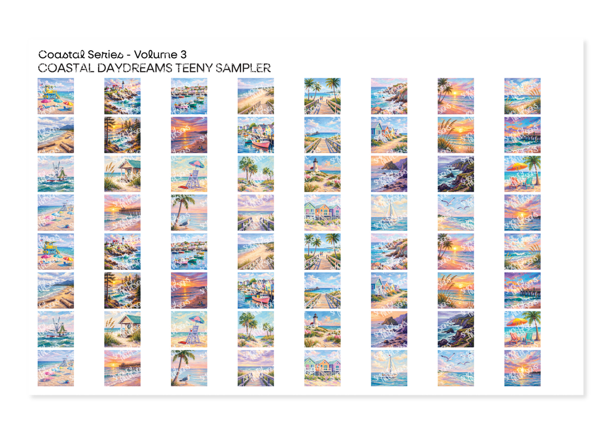 PatternPly® Full Coverage Coastal Series Volume 3 Coastal Daydreams Teeny Sampler: sampler sheet of small art scene designs